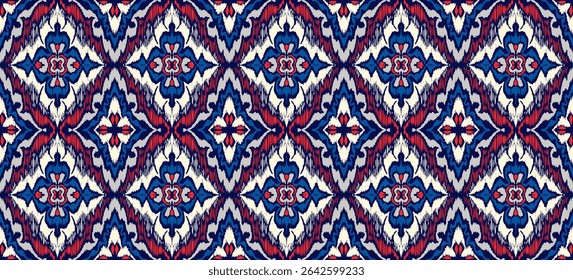 Enfeite popular geométrico ikat. Texturas de vetores étnicos tribais. Padrão contínuo em estilo asteca. Bordado popular. Tapete indiano, escandinavo, cigano, mexicano. Tapete africano. Desenhado à mão, não com IA