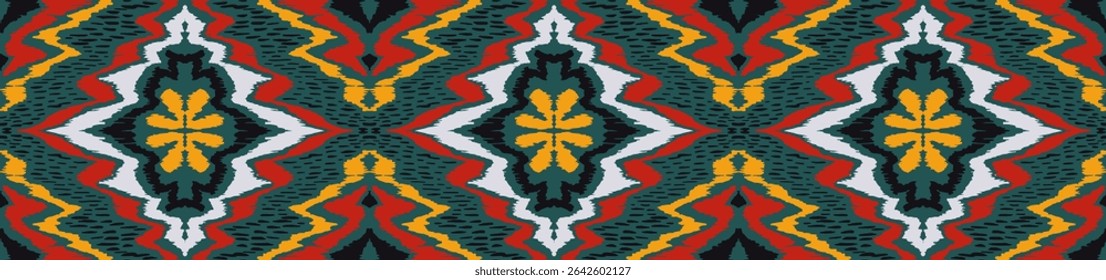 Enfeite popular geométrico ikat. Texturas de vetores étnicos tribais. Padrão contínuo em estilo asteca. Bordado popular. Tapete indiano, escandinavo, cigano, mexicano. Tapete africano. Desenhado à mão, não com IA