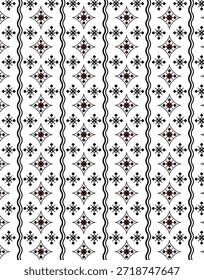 Padrão de ornamento popular geométrico com linhas pretas e acentos vermelhos