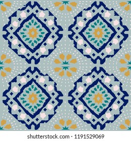 Geometric folk seamless vector pattern with ikat ethnic print of striped ornament as background or texture