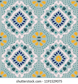 Geometric folk seamless vector pattern with ikat ethnic print of striped ornament as background or texture