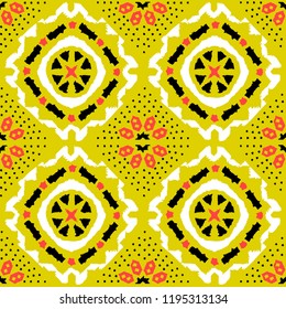 Geometric folk seamless vector pattern with ikat ethnic print of striped ornament as background or texture