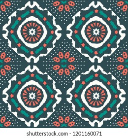 Geometric folk seamless vector pattern with ikat ethnic print of striped ornament as background or texture