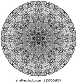 geometric folk style mandala drawn for coloring on a white background, vector coloring book page