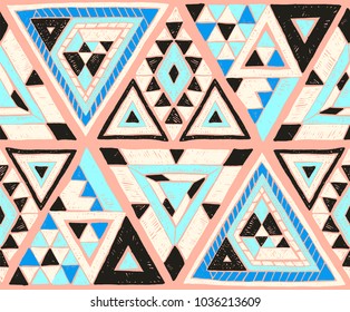 Geometric folklore hipster ornament with a triangle. Tribal ethnic vector embroidered texture. Seamless pattern in Aztec style. Japanese fabric.