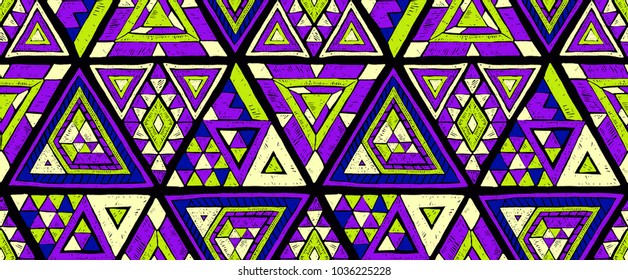 Geometric folklore hipster ornament with a triangle. Tribal ethnic vector embroidered texture. Seamless pattern in Aztec style. Japanese fabric.