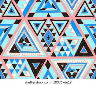 Geometric folklore hipster ornament with a triangle. Tribal ethnic vector embroidered texture. Seamless pattern in Aztec style. Japanese fabric.