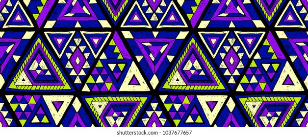 Geometric folklore hipster ornament with a triangle. Tribal ethnic vector embroidered texture. Seamless pattern in Aztec style. Japanese fabric.