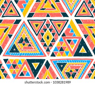 Geometric folklore hipster ornament with a triangle. Tribal ethnic vector embroidered texture. Seamless pattern in Aztec style. Japanese fabric.