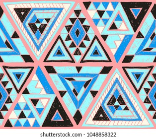 Geometric folklore hipster ornament with a triangle. Tribal ethnic vector embroidered texture. Seamless pattern in Aztec style. Japanese fabric.