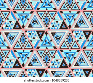 Geometric folklore hipster ornament with a triangle. Tribal ethnic vector embroidered texture. Seamless pattern in Aztec style. Japanese fabric.