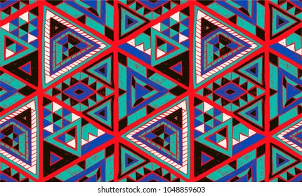Geometric folklore hipster ornament with a triangle. Tribal ethnic vector embroidered texture. Seamless pattern in Aztec style. Japanese fabric.