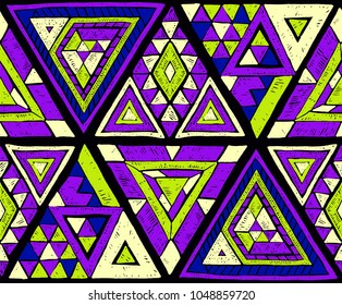 Geometric folklore hipster ornament with a triangle. Tribal ethnic vector embroidered texture. Seamless pattern in Aztec style. Japanese fabric.
