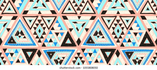 Geometric folklore hipster ornament with a triangle. Tribal ethnic vector embroidered texture. Seamless pattern in Aztec style. Japanese fabric.