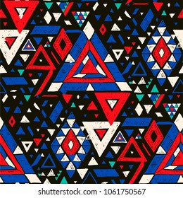 Geometric folklore hipster ornament with a triangle. Tribal ethnic vector embroidered texture. Seamless pattern in Aztec style. Japanese fabric.