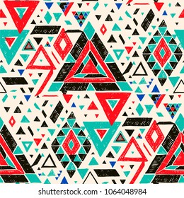 Geometric folklore hipster ornament with a triangle. Tribal ethnic vector embroidered texture. Seamless pattern in Aztec style. Japanese fabric.