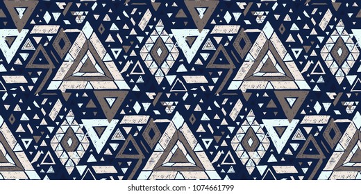 Geometric folklore hipster ornament with a triangle. Tribal ethnic vector embroidered texture. Seamless pattern in Aztec style. Japanese fabric.
