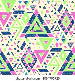 Geometric folklore hipster ornament with a triangle. Tribal ethnic vector embroidered texture. Seamless pattern in Aztec style. Japanese fabric.