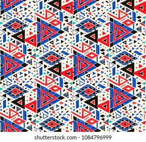 Geometric folklore hipster ornament with a triangle. Tribal ethnic vector embroidered texture. Seamless pattern in Aztec style. Japanese fabric.