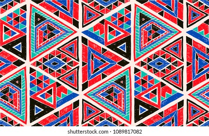 Geometric folklore hipster ornament with a triangle. Tribal ethnic vector embroidered texture. Seamless pattern in Aztec style. Japanese fabric.