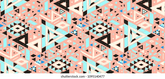 Geometric folklore hipster ornament with a triangle. Tribal ethnic vector embroidered texture. Seamless pattern in Aztec style. Japanese fabric.