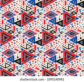 Geometric folklore hipster ornament with a triangle. Tribal ethnic vector embroidered texture. Seamless pattern in Aztec style. Japanese fabric.