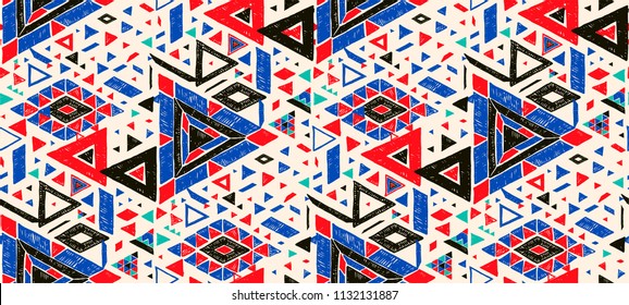 Geometric folklore hipster ornament with a triangle. Tribal ethnic vector embroidered texture. Seamless pattern in Aztec style. Japanese fabric.