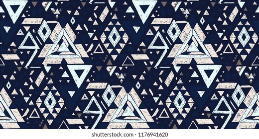 Geometric folklore hipster ornament with a triangle. Tribal ethnic vector embroidered texture. Seamless pattern in Aztec style. Japanese fabric.