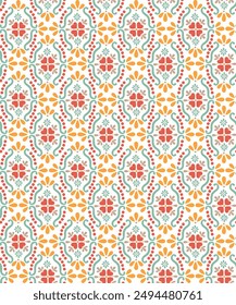 geometric folklore ornament. Tribal ethnic vector texture. Seamless striped pattern in Aztec style. Ethnic bright summer tile pattern yellow, red on white background.