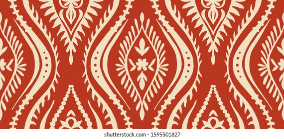 Geometric folklore ornament with waves. Oriental vector damask pattern. Ancient art of Arabesque. Tribal ethnic texture. Spanish motif on the carpet. Aztec style. Indian rug. Gypsy, Mexican embroidery