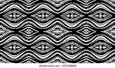 Geometric folklore ornament with waves. Oriental vector damask pattern. Ancient art of Arabesque. Tribal ethnic texture. Spanish motif on the carpet. Aztec style. Indian rug. Gypsy, Mexican embroidery