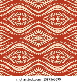 Geometric folklore ornament with waves. Oriental vector damask pattern. Ancient art of Arabesque. Tribal ethnic texture. Spanish motif on the carpet. Aztec style. Indian rug. Gypsy, Mexican embroidery