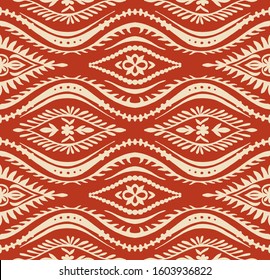 Geometric folklore ornament with waves. Oriental vector damask pattern. Ancient art of Arabesque. Tribal ethnic texture. Spanish motif on the carpet. Aztec style. Indian rug. Gypsy, Mexican embroidery