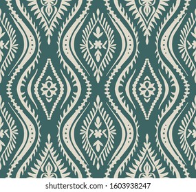 Geometric folklore ornament with waves. Oriental vector damask pattern. Ancient art of Arabesque. Tribal ethnic texture. Spanish motif on the carpet. Aztec style. Indian rug. Gypsy, Mexican embroidery