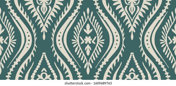 Geometrisches Folklore-Ornament mit Wellen.Das Damast-Muster der orientalischen Vektorillustration. Alte Kunst von Arabesque. Stammesstruktur. Spanisches Motiv auf dem Teppich. Aztec-Stil. Indischer Teppich. Zigeunerstickerei, mexikanische Stickerei