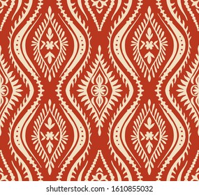 Geometric folklore ornament with waves. Oriental vector damask pattern. Ancient art of Arabesque. Tribal ethnic texture. Spanish motif on the carpet. Aztec style. Indian rug. Gypsy, Mexican embroidery