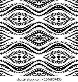 Geometric folklore ornament with waves. Oriental vector damask pattern. Ancient art of Arabesque. Tribal ethnic texture. Spanish motif on the carpet. Aztec style. Indian rug. Gypsy, Mexican embroidery