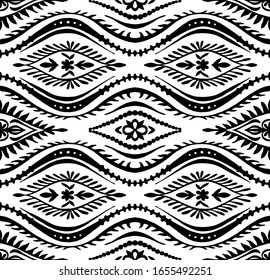 Geometric folklore ornament with waves. Oriental vector damask pattern. Ancient art of Arabesque. Tribal ethnic texture. Spanish motif on the carpet. Aztec style. Indian rug. Gypsy, Mexican embroidery