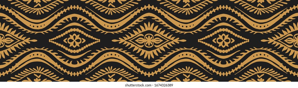 Geometric folklore ornament with waves. Oriental vector damask pattern. Ancient art of Arabesque. Tribal ethnic texture. Spanish motif on the carpet. Aztec style. Indian rug. Gypsy, Mexican embroidery