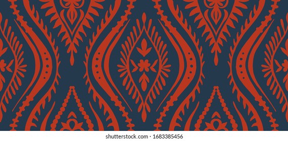 Geometric folklore ornament with waves. Oriental vector damask pattern. Ancient art of Arabesque. Tribal ethnic texture. Spanish motif on the carpet. Aztec style. Indian rug. Gypsy, Mexican embroidery