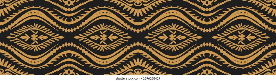Geometric folklore ornament with waves. Oriental vector damask pattern. Ancient art of Arabesque. Tribal ethnic texture. Spanish motif on the carpet. Aztec style. Indian rug. Gypsy, Mexican embroidery