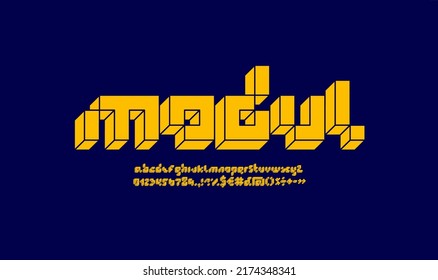 Geometric font, alphabet, bold letters and number made in the game style, vector illustration 10eps