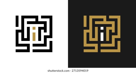 Fuente geométrica. Alfabeto de laberinto cuadrado, letra geométrica I, fuente de rompecabezas única para logotipos creativos. Abstractas diseño de tipografía de laberinto.