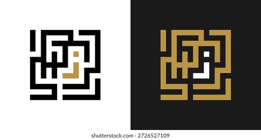 Geometric Font. Square labyrinth alphabet, geometric letter J, unique puzzle font for creative logos. Abstract labyrinth typography design.
