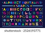 Geometric font. Uppercase letter. Brutalism design. Cool alphabet for poster typography. Abstract color shape. Alphabetical type. Flat typo mix. Graphic random modern logo. Vector tidy y2k symbols set