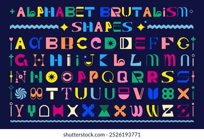 Geometric font. Uppercase letter. Brutalism design. Cool alphabet for poster typography. Abstract color shape. Alphabetical type. Flat typo mix. Graphic random modern logo. Vector tidy y2k symbols set