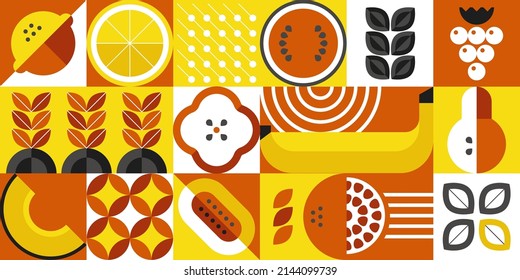 Geometric food. Abstract minimalistic organic food banner with brutalistic shapes and simple forms. Vector illustration. Modern stylish background with leaves and fruit as pear, melon and lemon