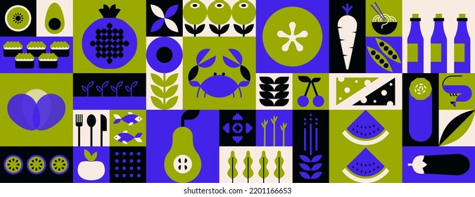 Geometric Food Background. Mosaic Green Organic Fruit Vegetable Seafood Pattern Simple Bauhaus Style. Vector Art