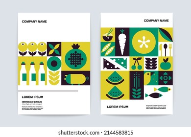 Geometric Food Banner Set. Abstract Green Fruit Vegetable Pattern, Organic Bauhaus Posters. Vector Template For Branding