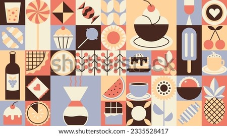 Geometric food pattern. Abstract bakery sweet dessert fruit simple shape, restaurant menu concept. Vector minimal banner